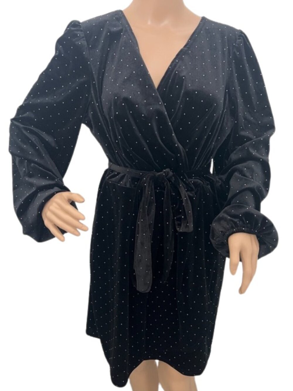 Nine West Faux Wrap Dress Black Velour w/ Tiny Silver Beads & Tie Belt - Size XL - Picture 2 of 13